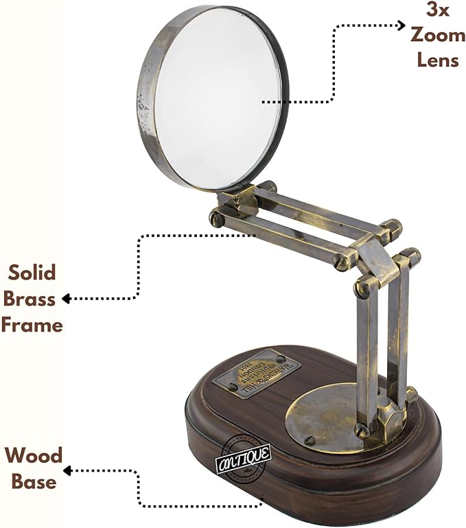 Brass Magnifying Glass with Wooden Stand Vintage Antique Magnifier Reading Lens(Desktop Accessory)(Office/School Gifts)
